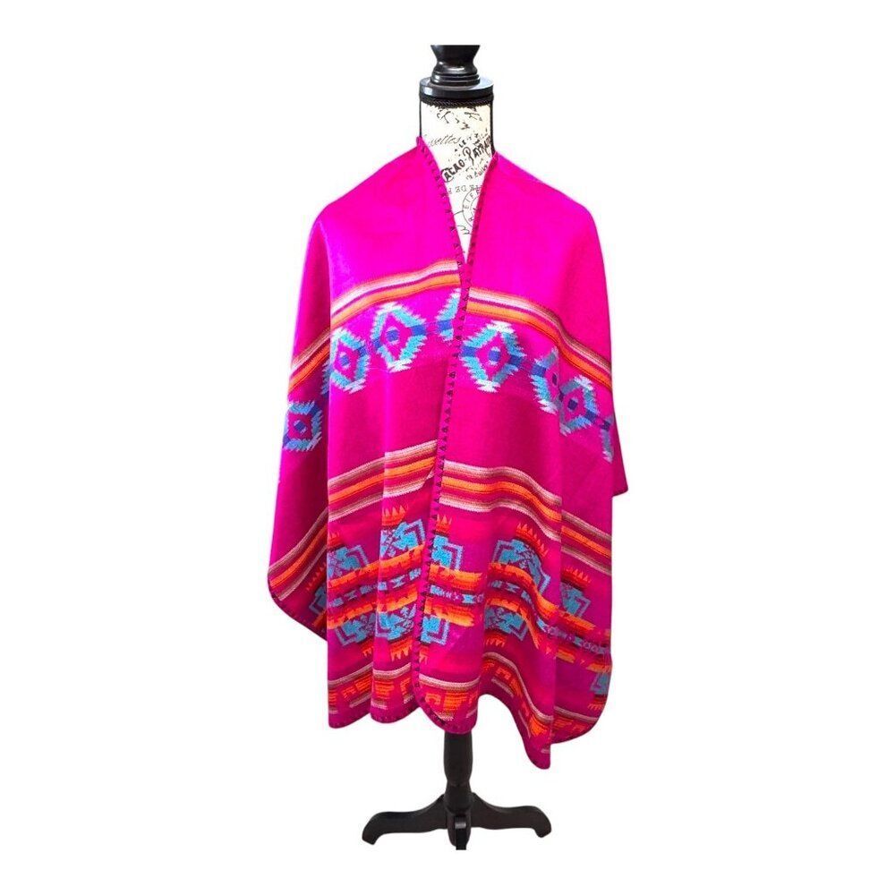 Reversible Tribal Print Poncho Wrap Shawl Kimono Alpaca Vintage Southwest Aztec